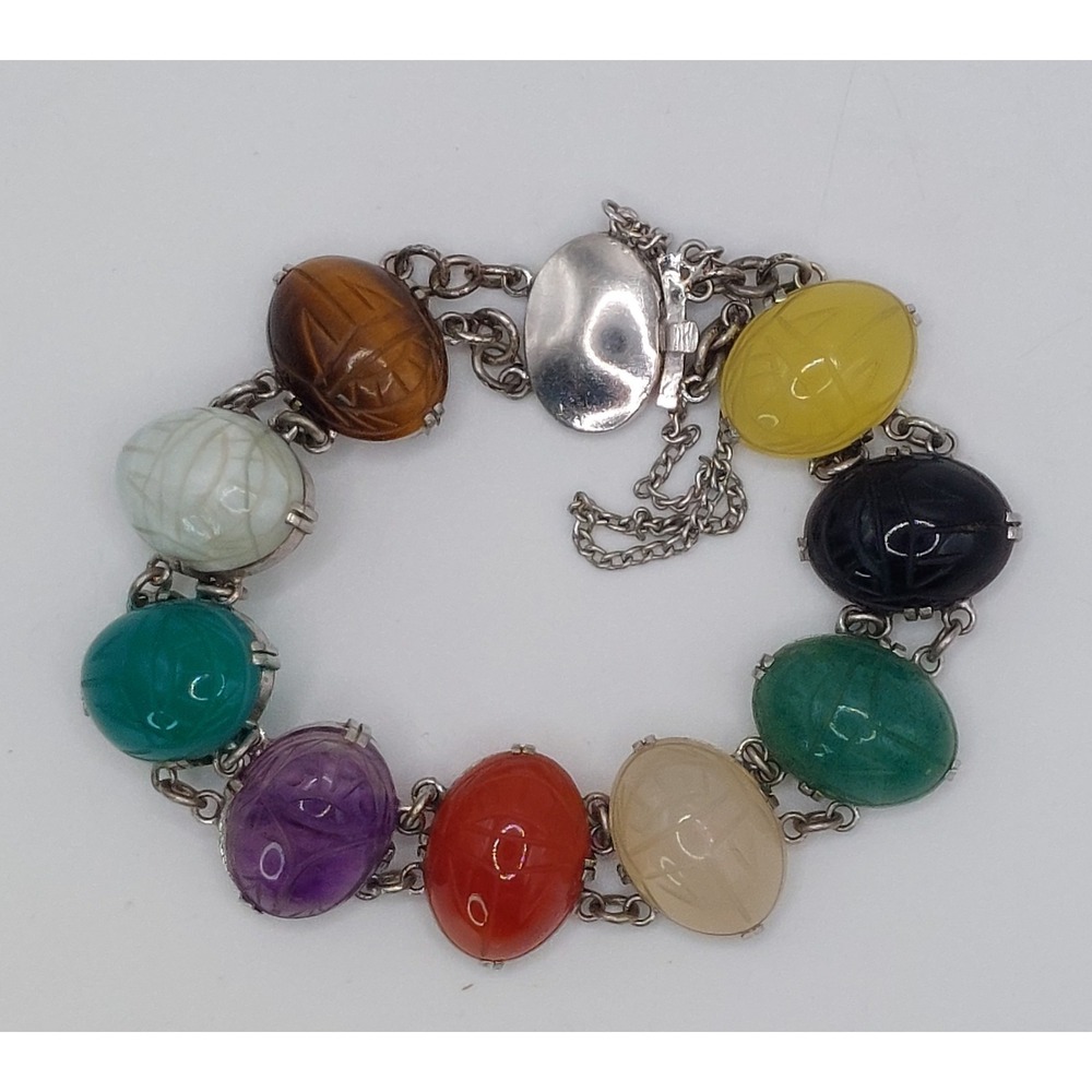 Egyptian Revival Scarab Bracelet Vintage Silver Gemstones Amethyst Tigers Eye